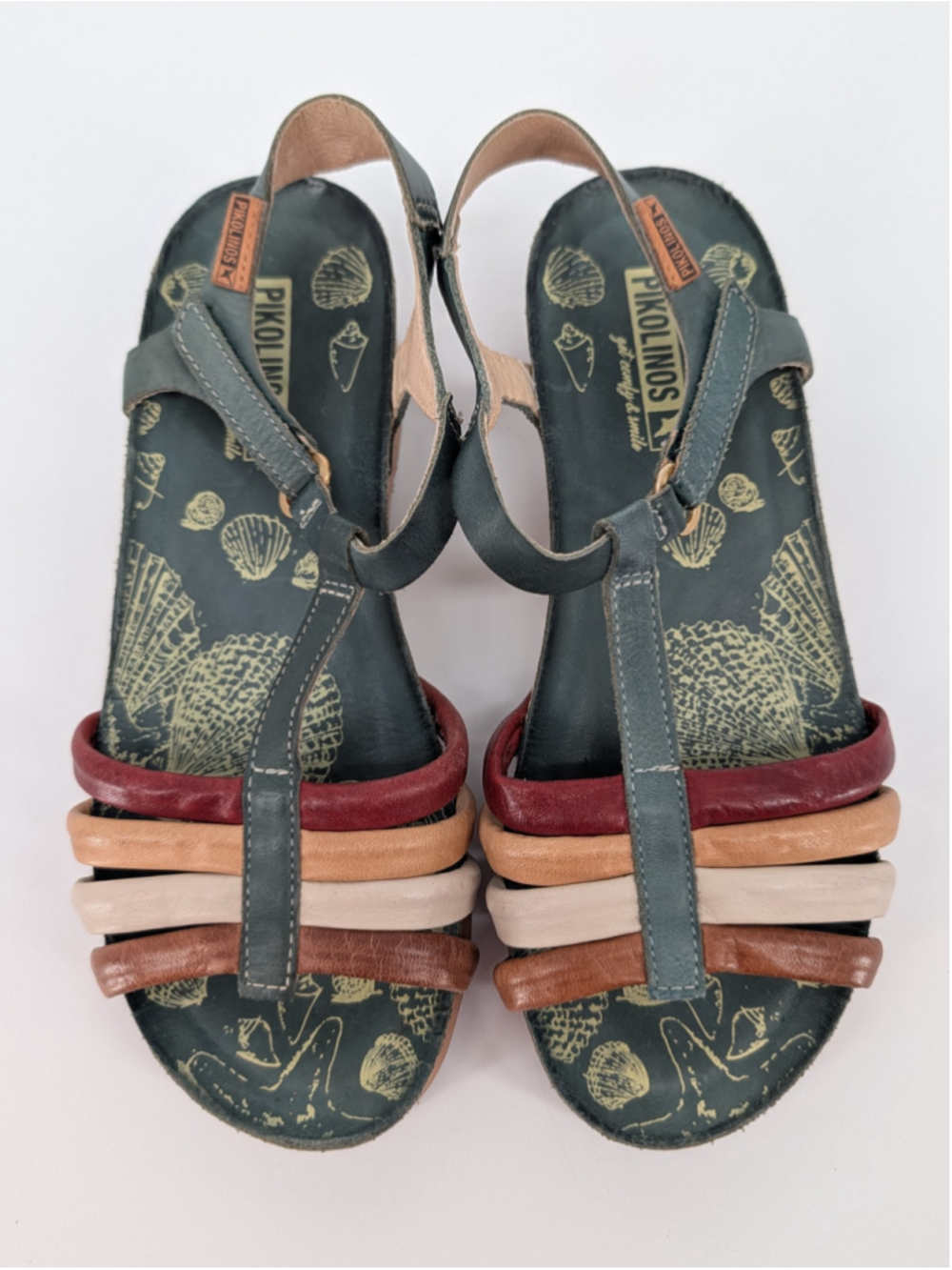 Pikolinos Leather T Strap Wedge Sandals 7.5 Multicolor Green Boho Spain - Picture 9 of 12